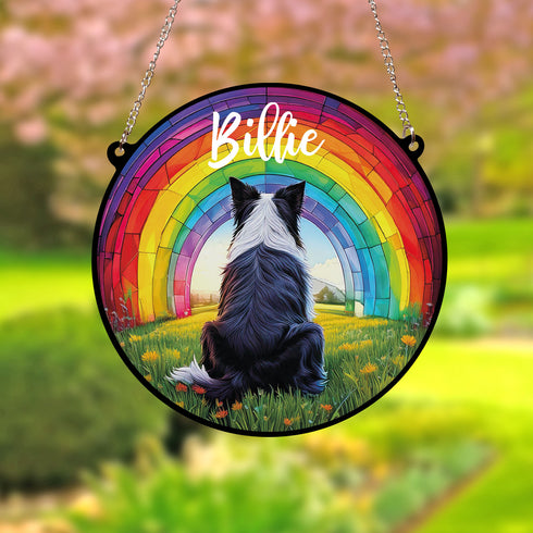 Border Collie Rainbow Bridge Personalised Stained Glass Effect Suncatcher